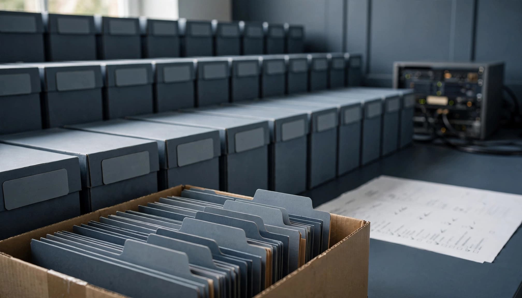 A row of dark grey archived file boxes, an open box with file tabs, and a small server rack.