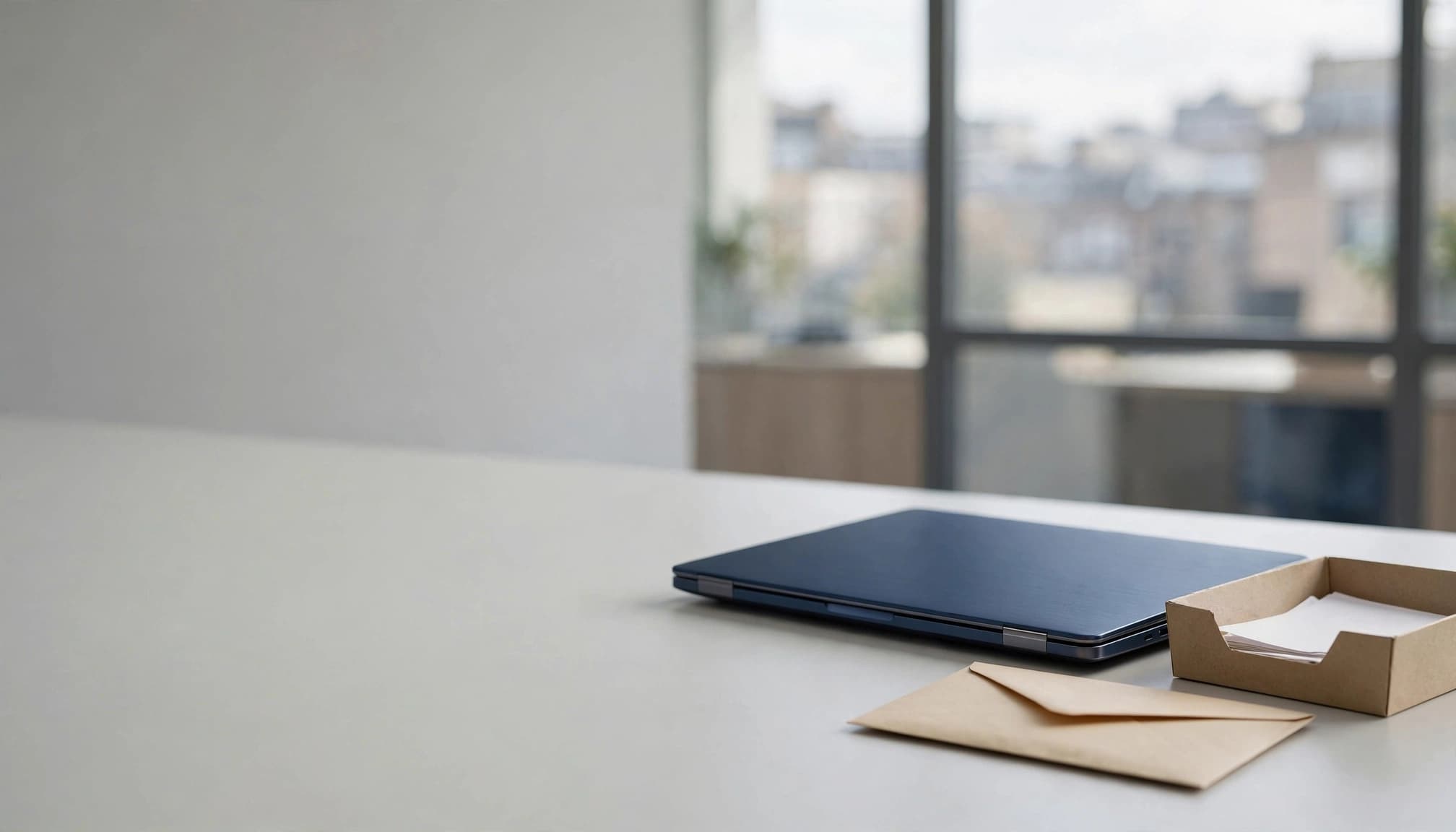 A closed dark blue laptop, an envelope, and a paper tray on a desk.