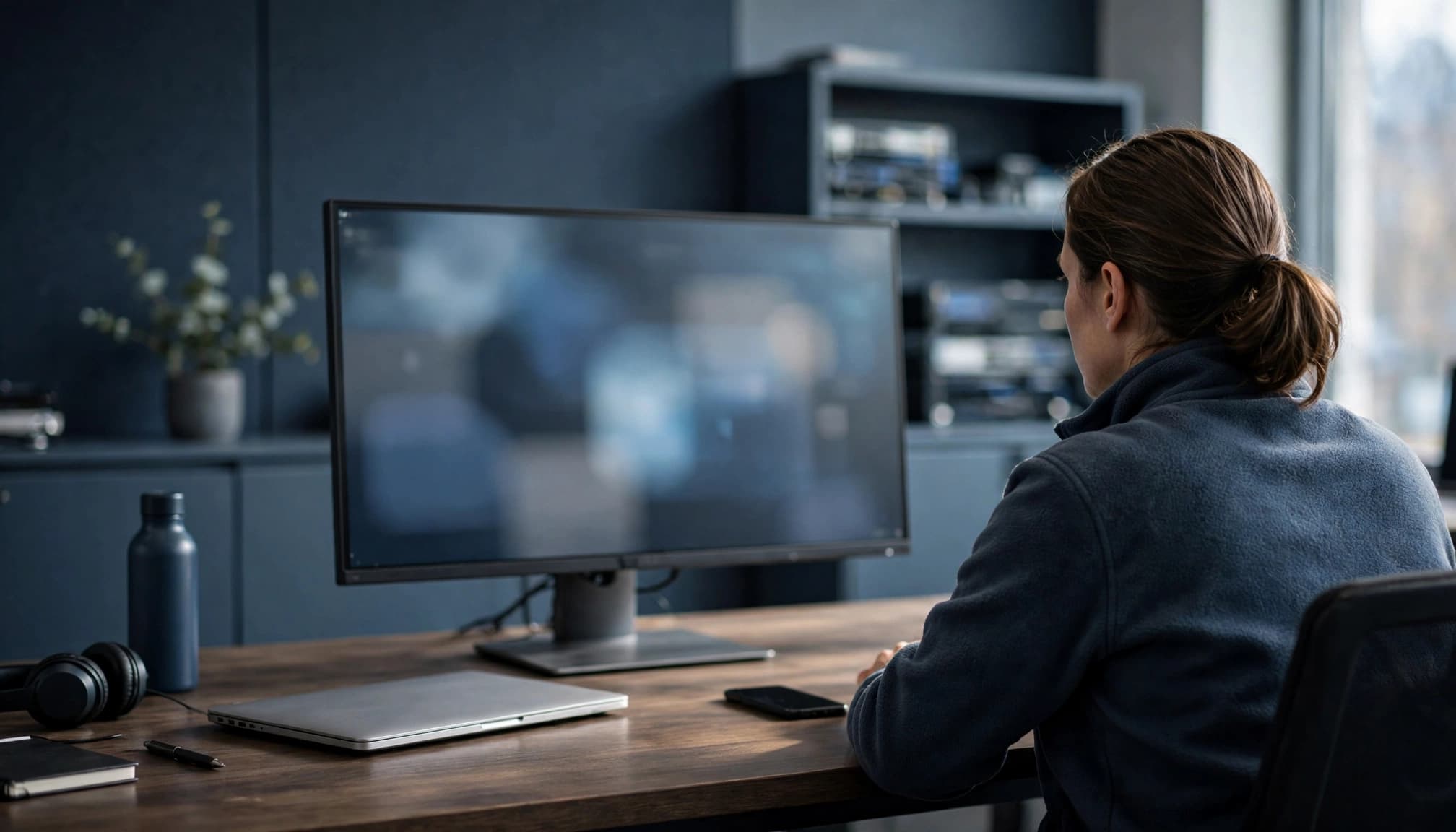 A person viewed from behind works at a desk with a large monitor, laptop, and smartphone.