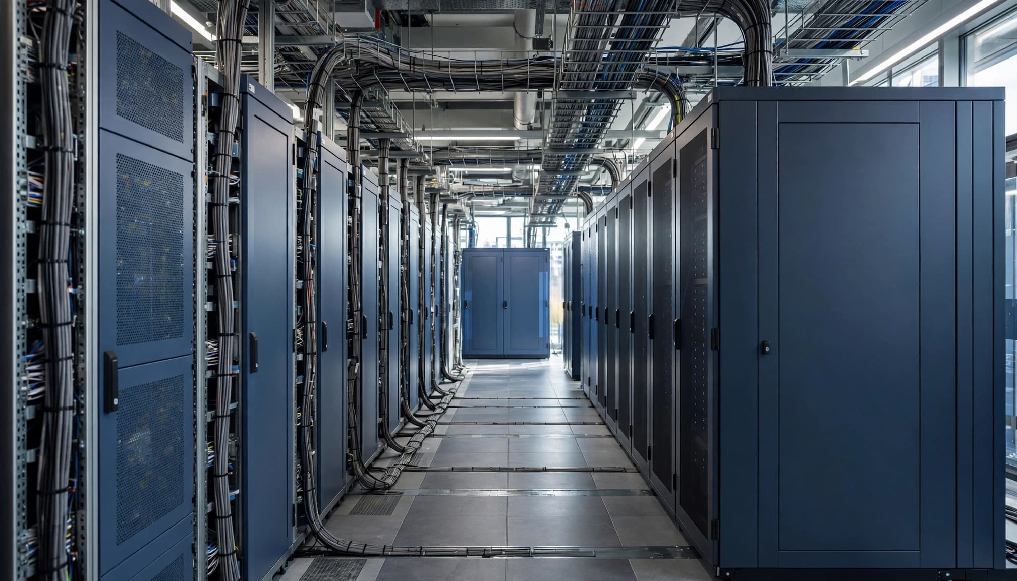 A wide view down the aisle of a modern server room with orderly racks and overhead cabling.