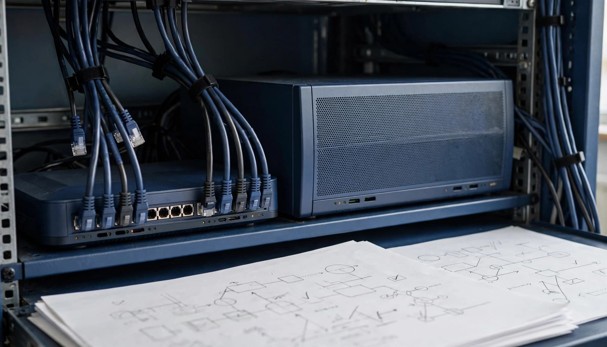 A server rack with network equipment, cables, and technical diagrams on paper.