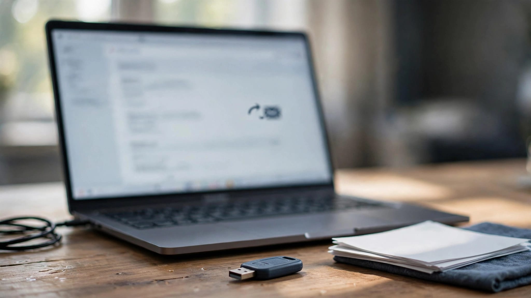 A laptop with a blurred email screen sits beside a security key and printed pages.