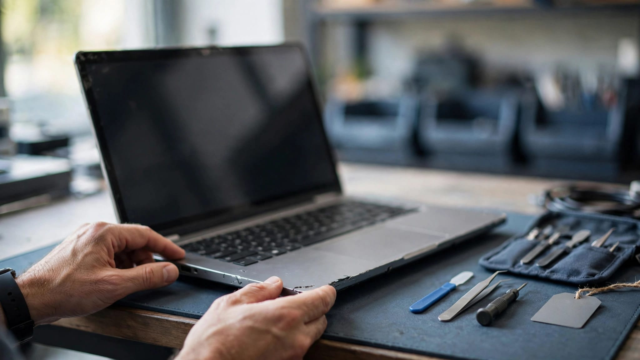 A technician inspects a used laptop beside a toolkit and an unmarked asset tag.