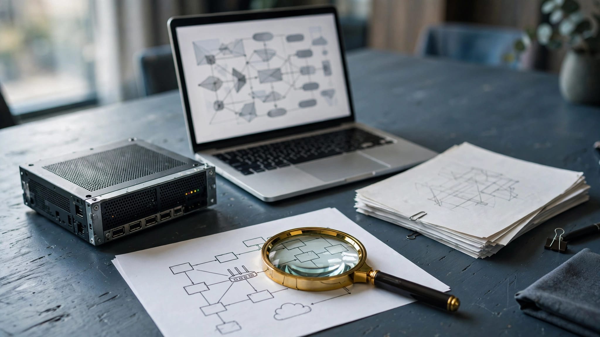 A magnifying glass rests on a network diagram beside a laptop and server component.