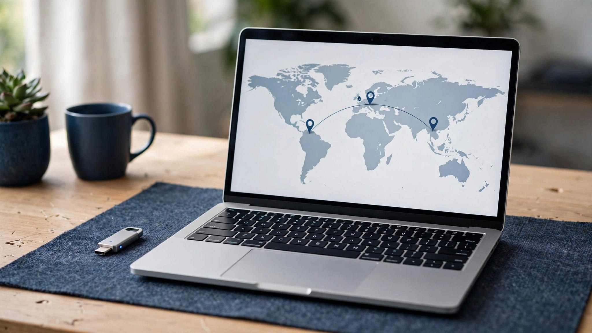 A laptop shows map markers beside a small hardware security key.