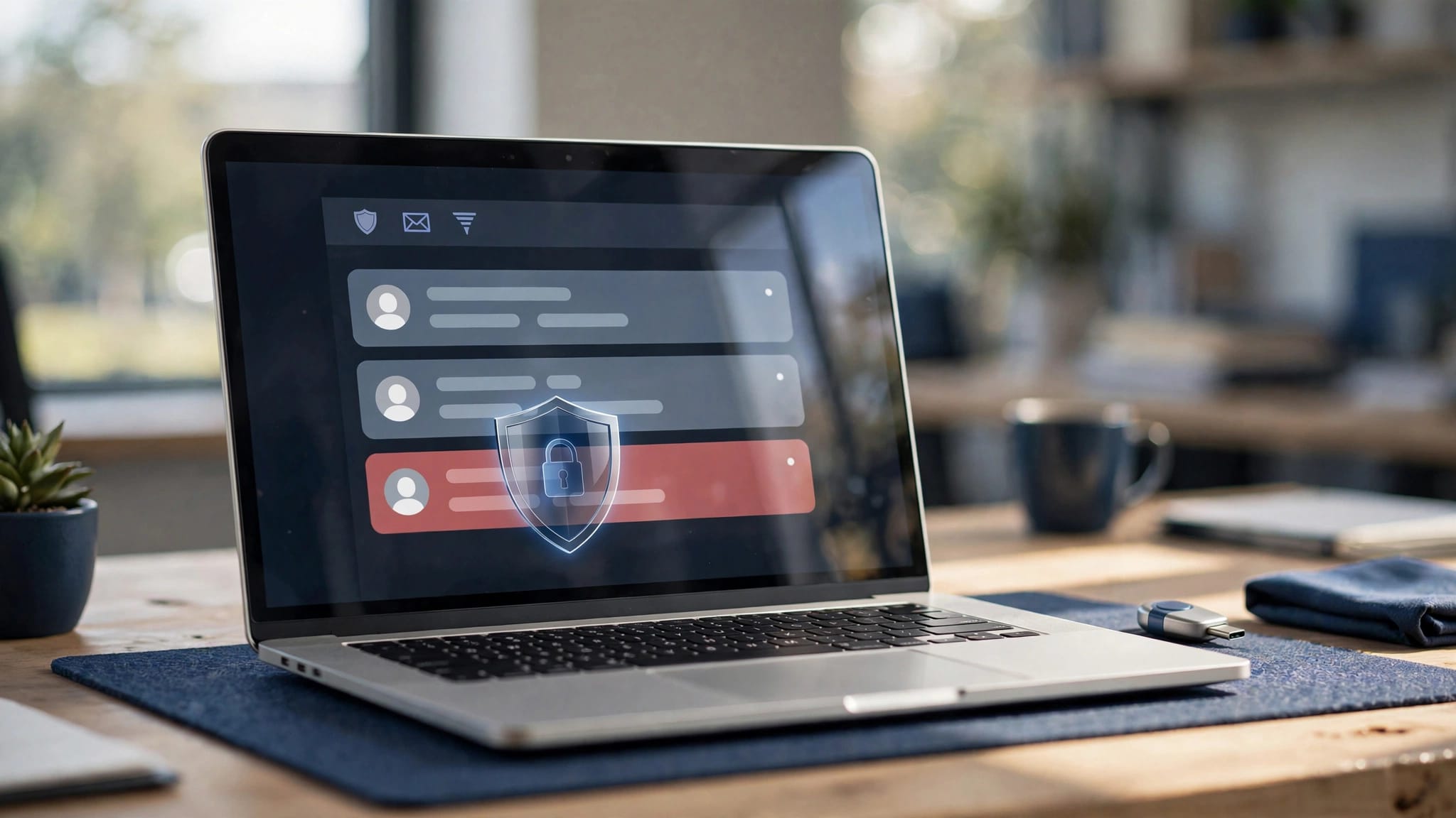 A laptop shows a blocked email beside a small security key.