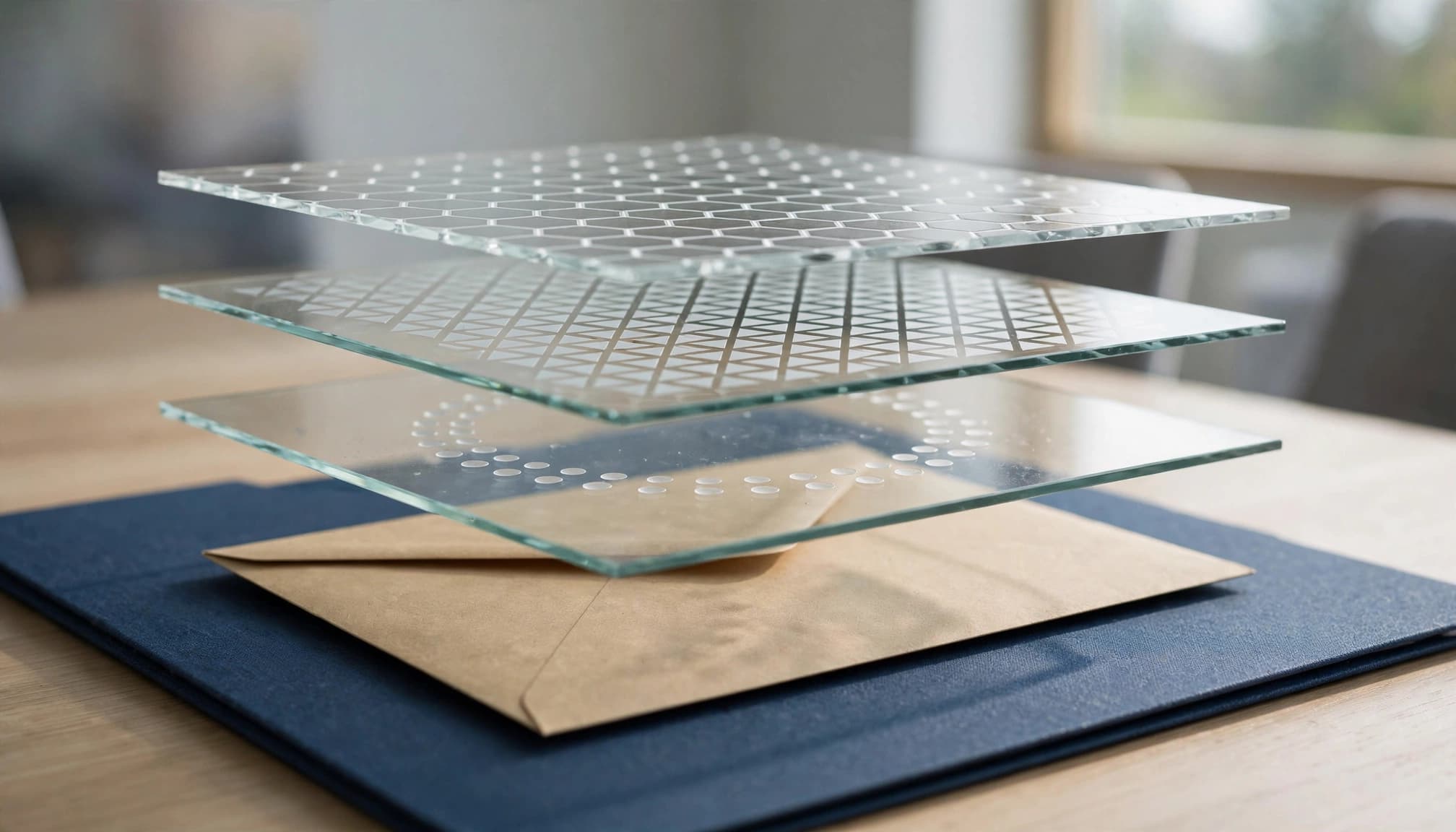 Three translucent glass layers with different patterns stacked over an envelope on a dark blue folder.