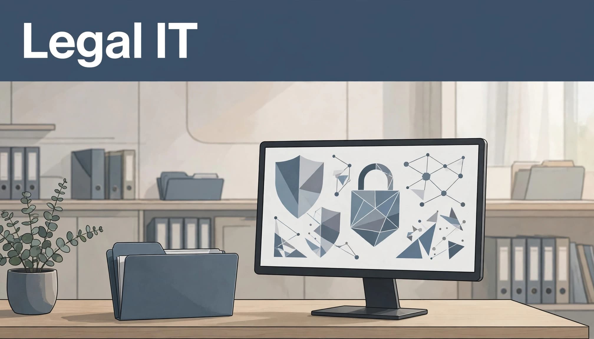 A modern desk with a monitor showing security graphics, a file folder, and the headline Legal IT.