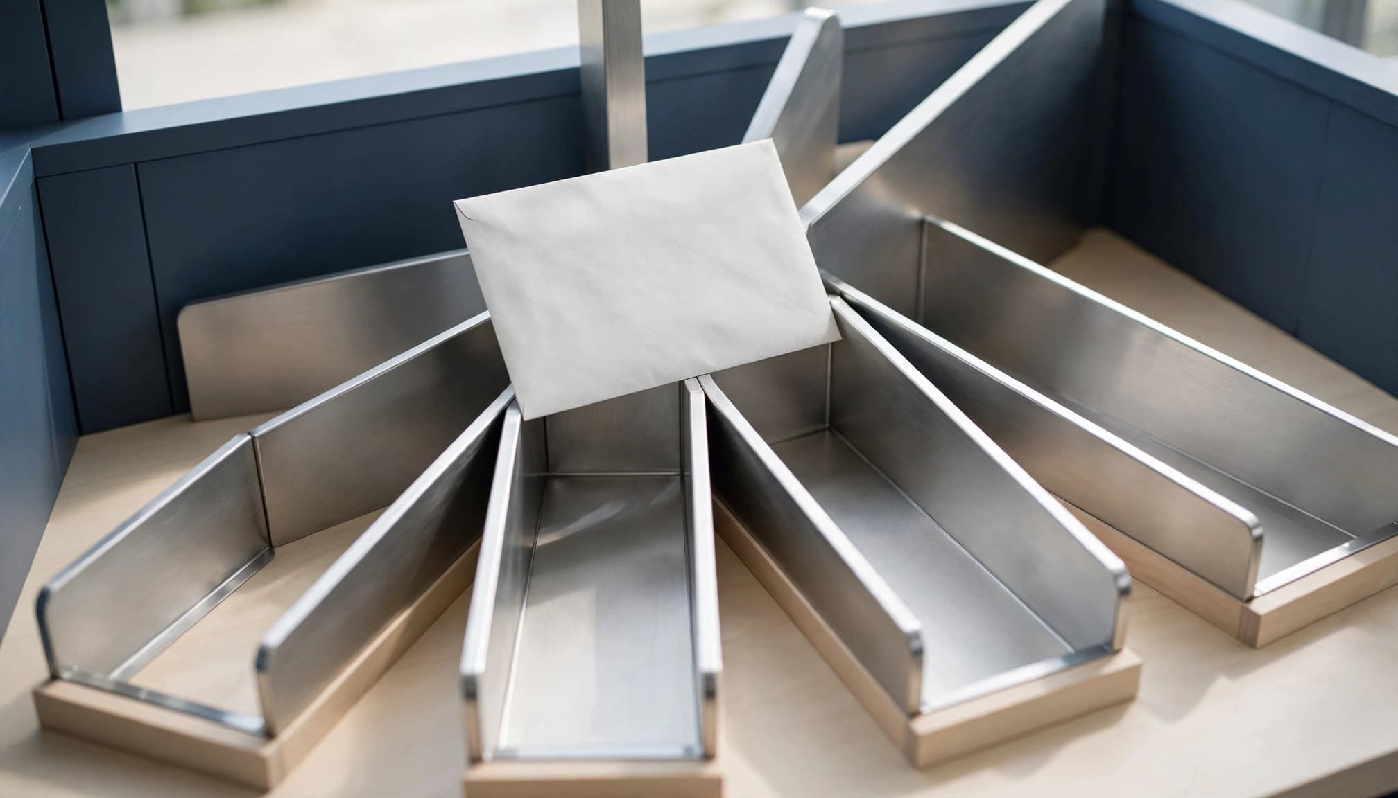 A plain white envelope sits atop a radial arrangement of metal sorting trays in a mailroom.