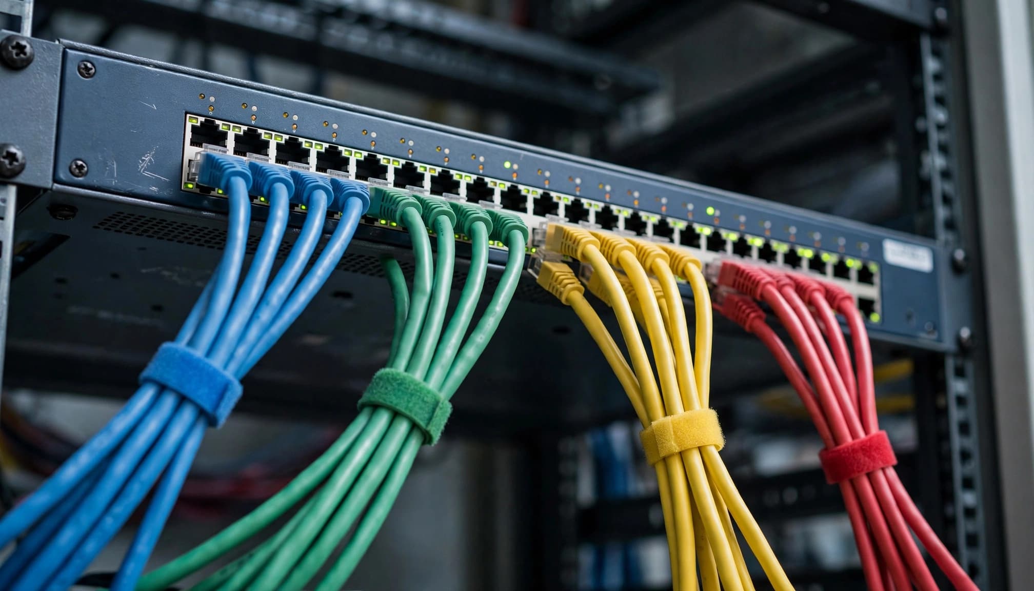 A close-up of a network switch with color-coded blue, green, yellow, and red ethernet cables plugged into it.