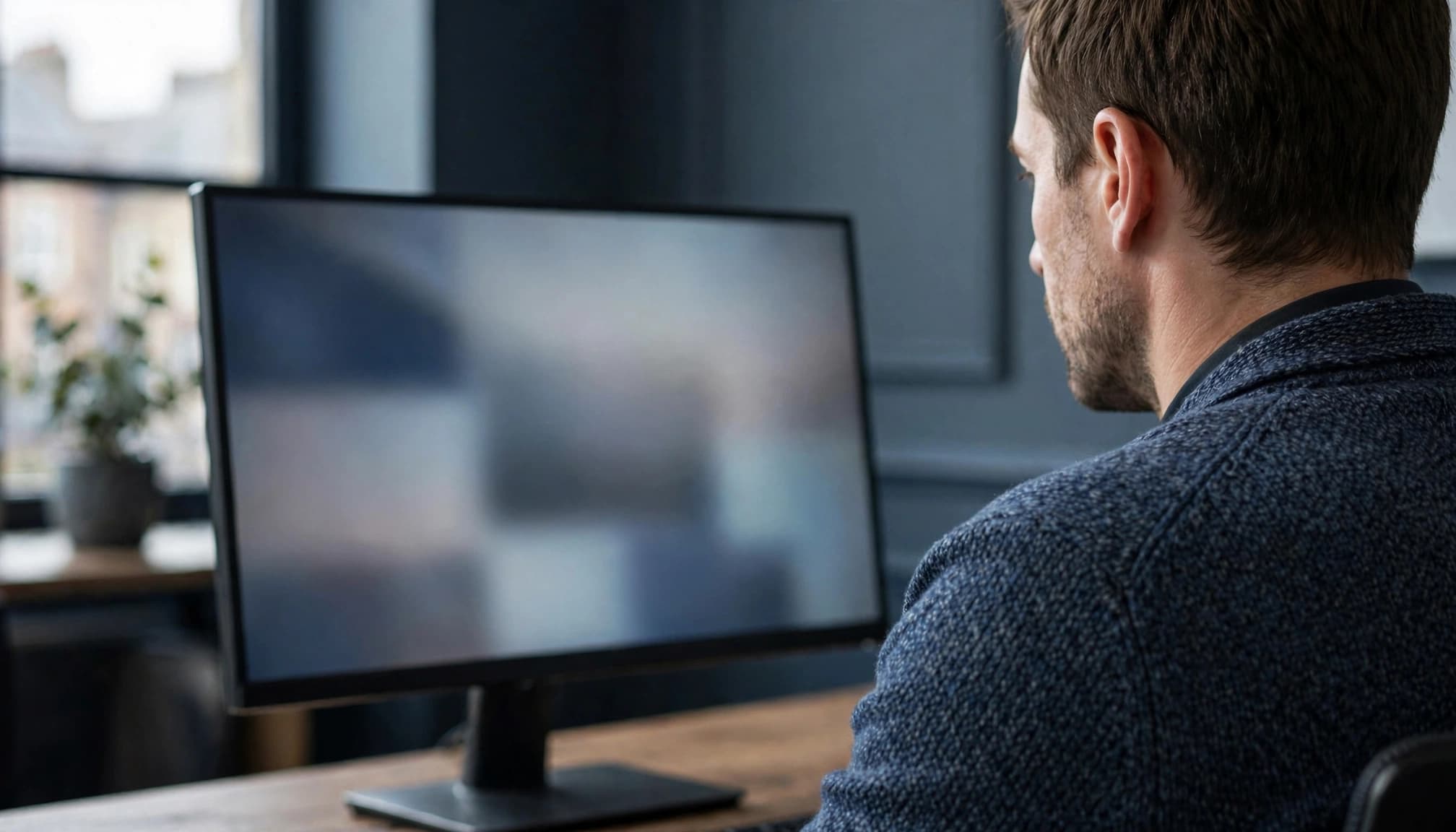 An IT administrator viewed from behind looking at an unreadable monitor screen.