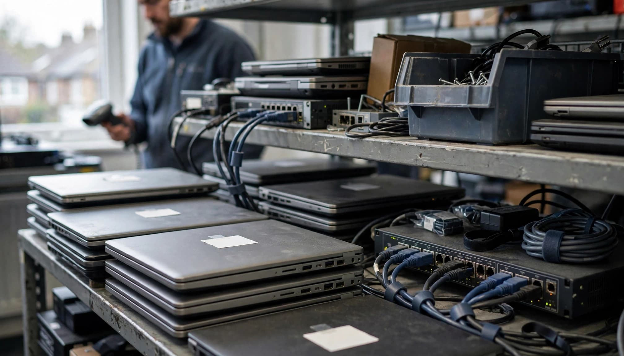 A person in an office equipment room inventorying stacked laptops and network switches on metal shelves.