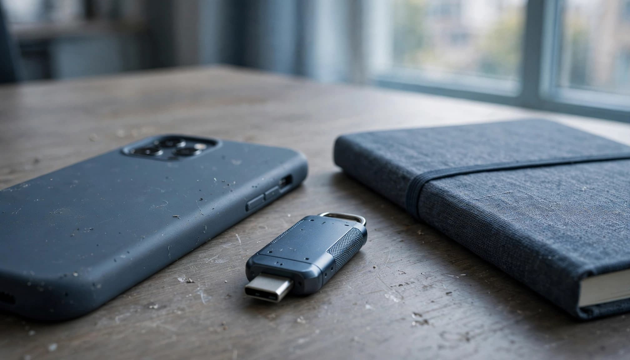A smartphone in a case, a USB security key, and a closed notebook on a wooden table.
