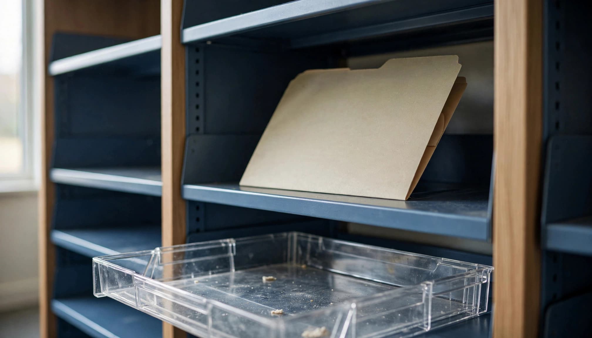 A manila folder sits on a blue metal shelf above a clear plastic tray.