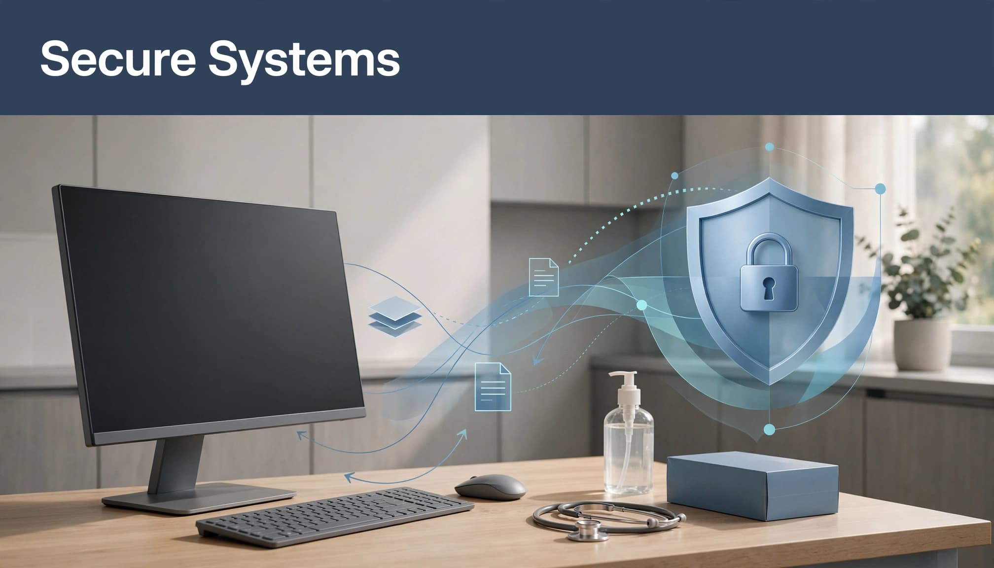 Secure Systems headline with a clinical desk, computer monitor, and a digital shield graphic.