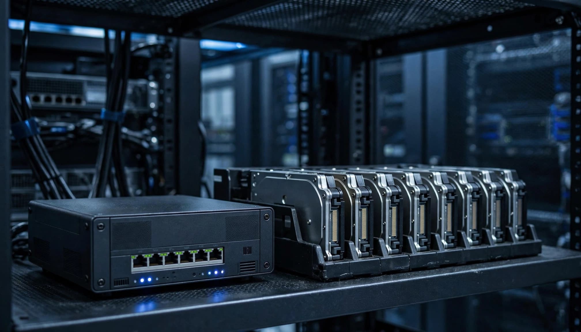 A small network appliance and backup hard drives sitting on a rack in a server room.