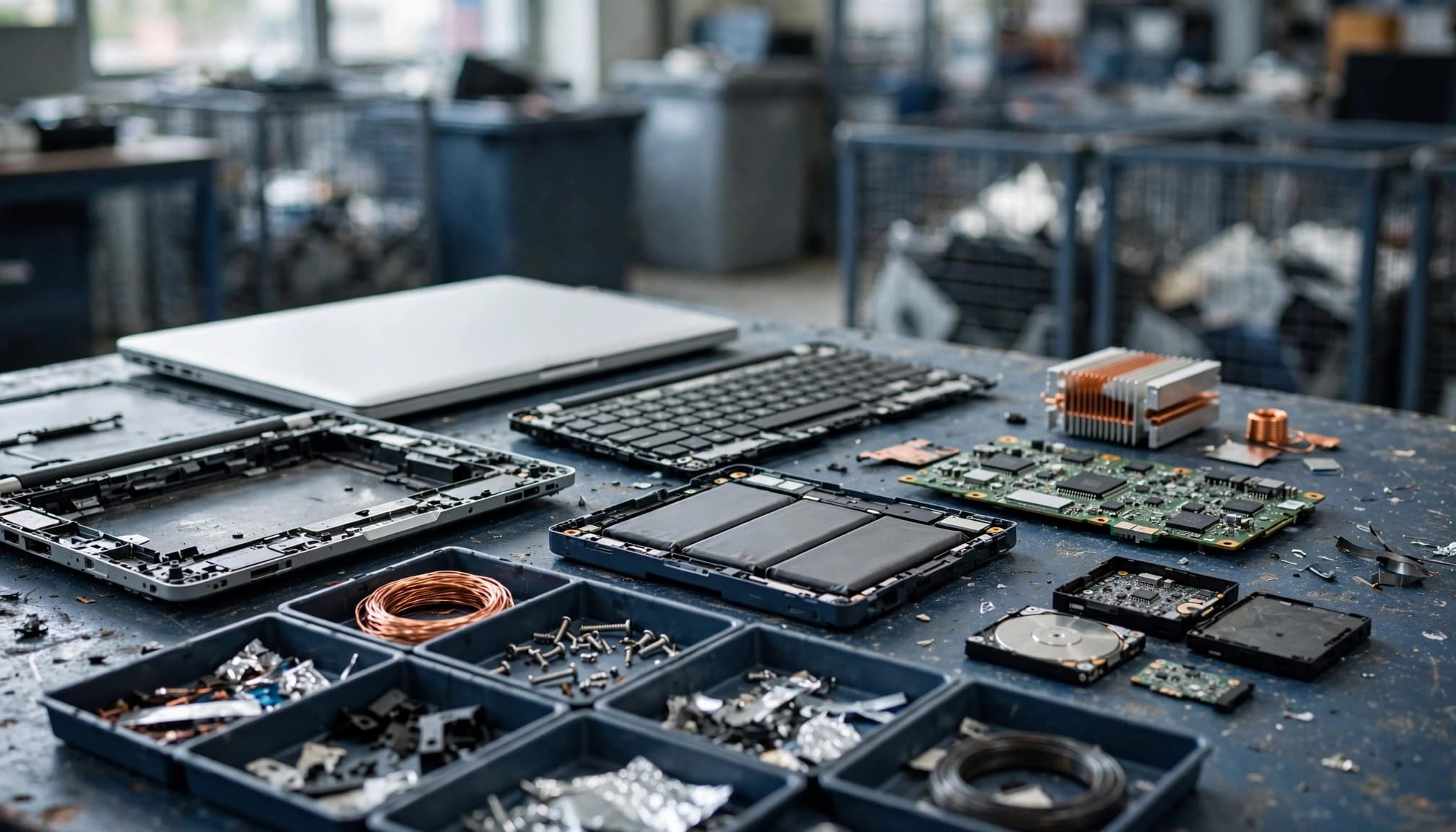 A workbench with dismantled electronics, circuit boards, and sorted components in a recycling facility.