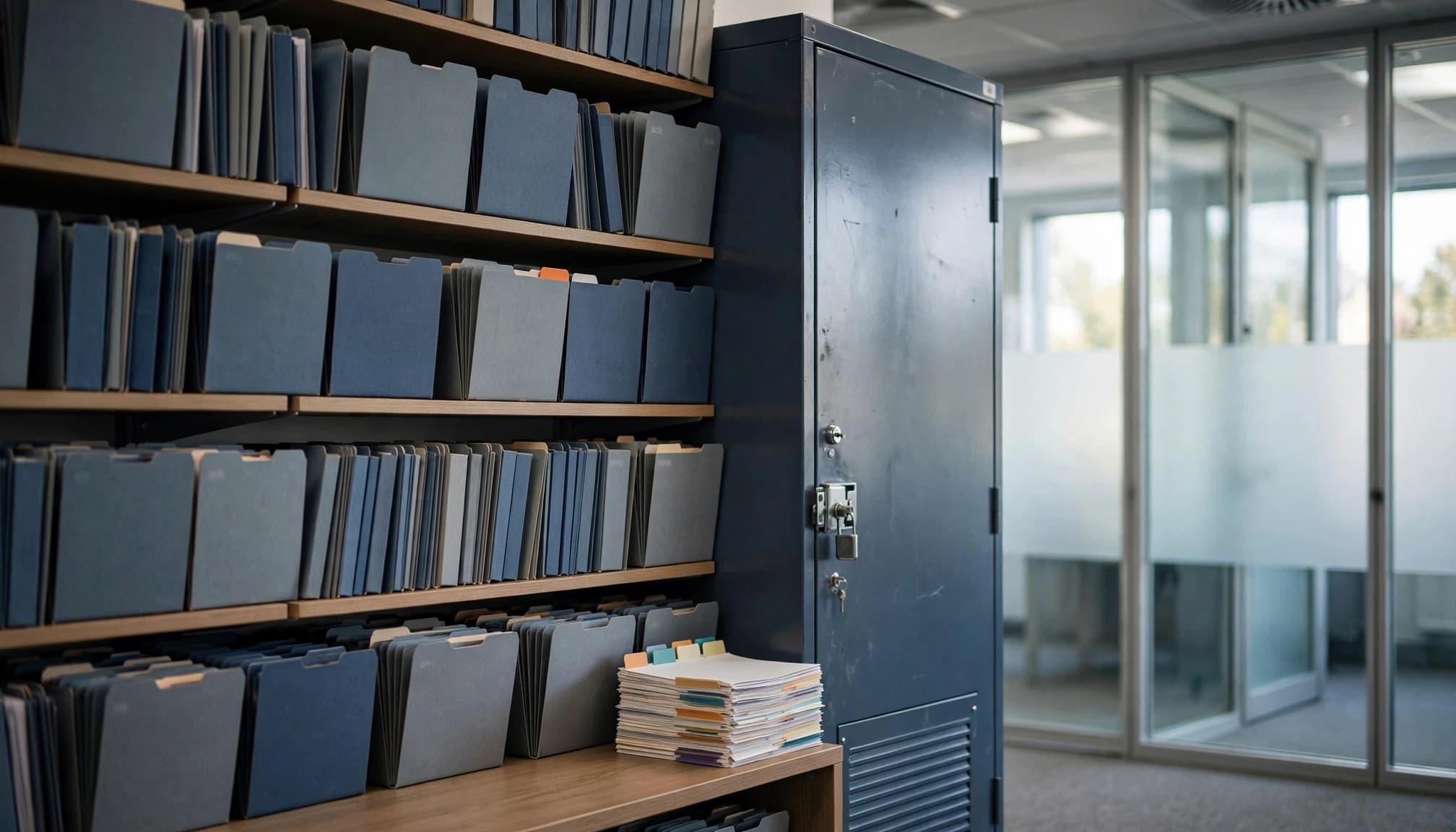 Document folders beside a locked records cabinet.