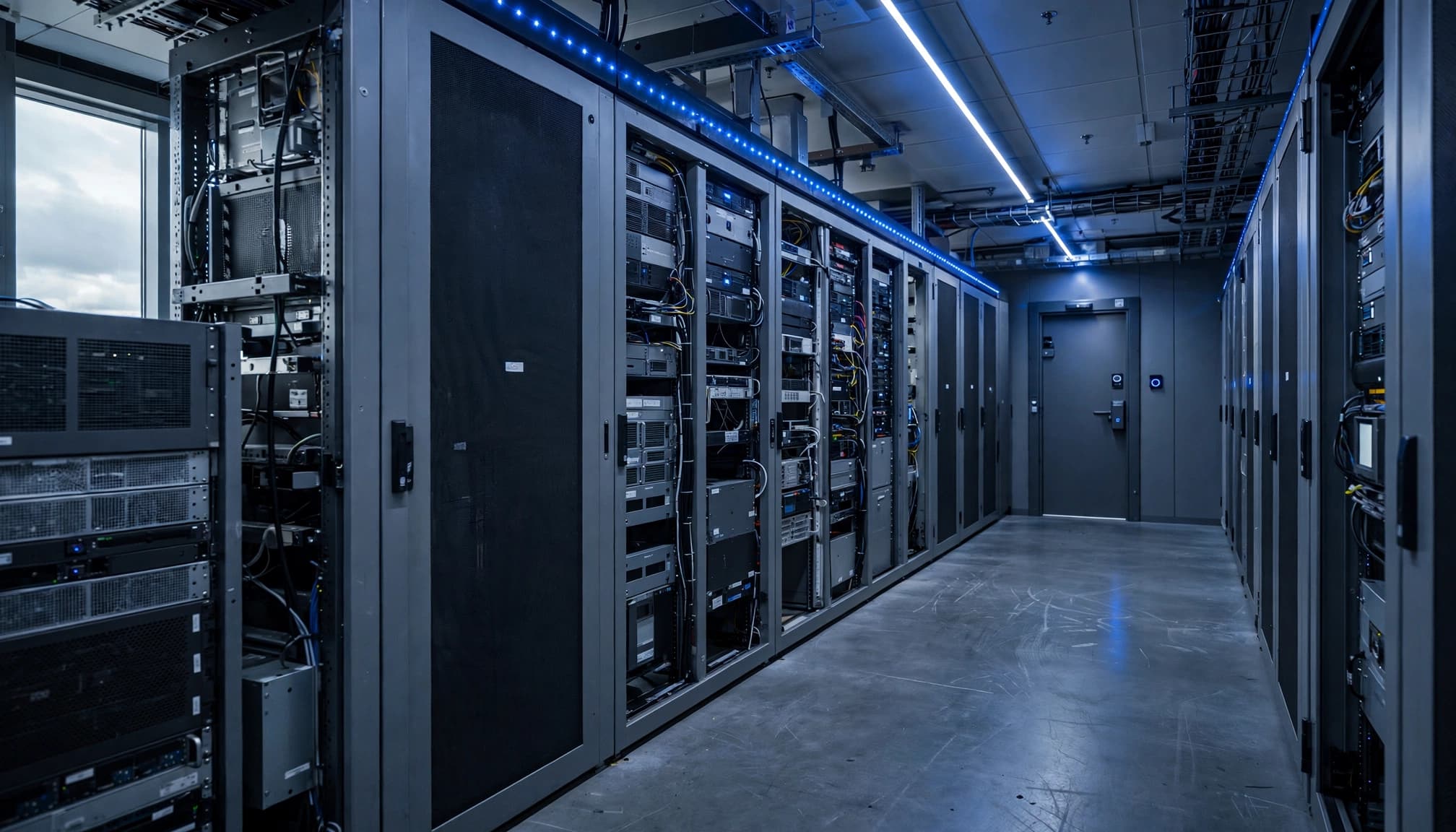 A secure data centre corridor with server racks and blue lighting.