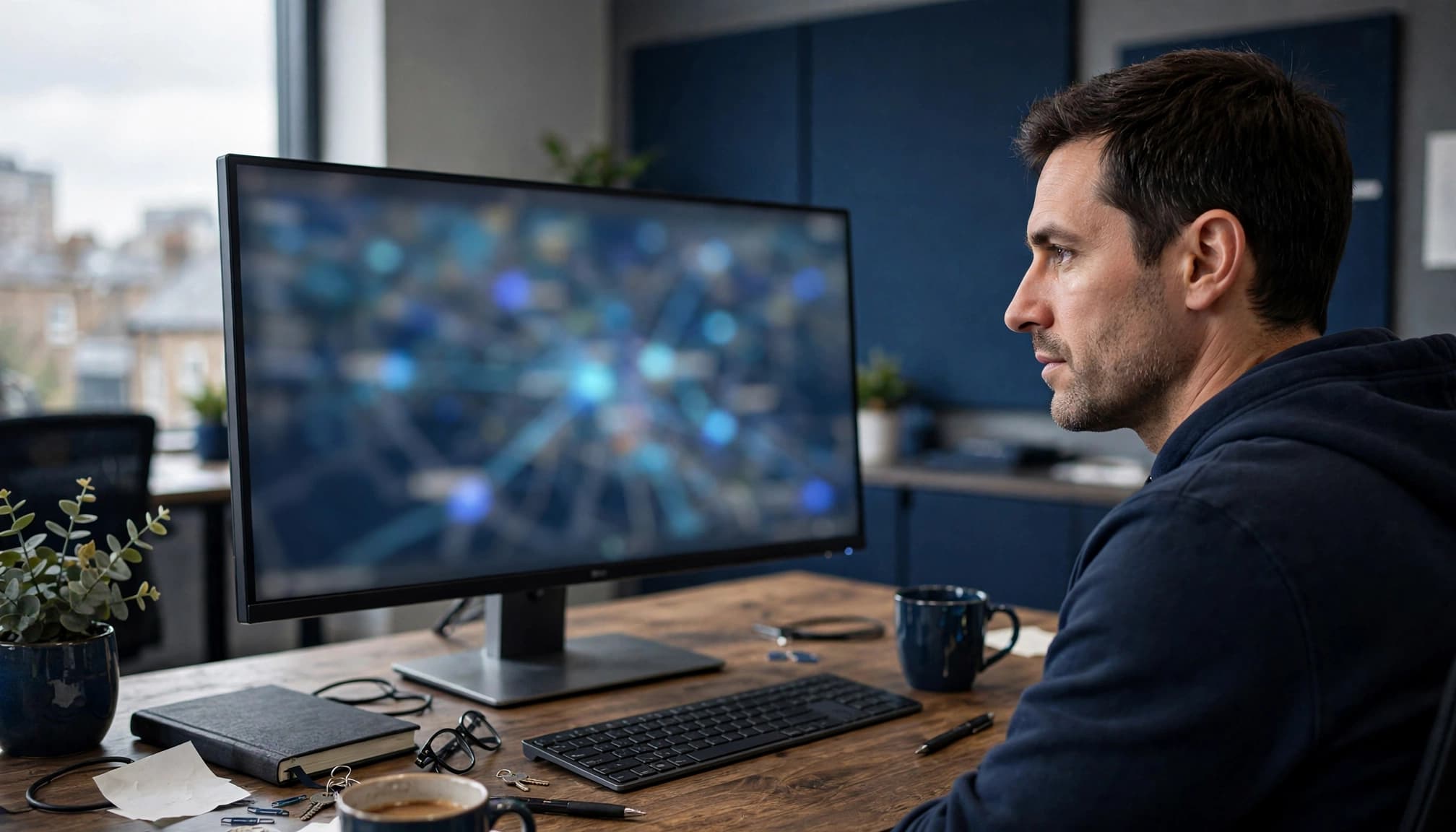 A man looking at a wide computer monitor showing an abstract blurred map in an office.