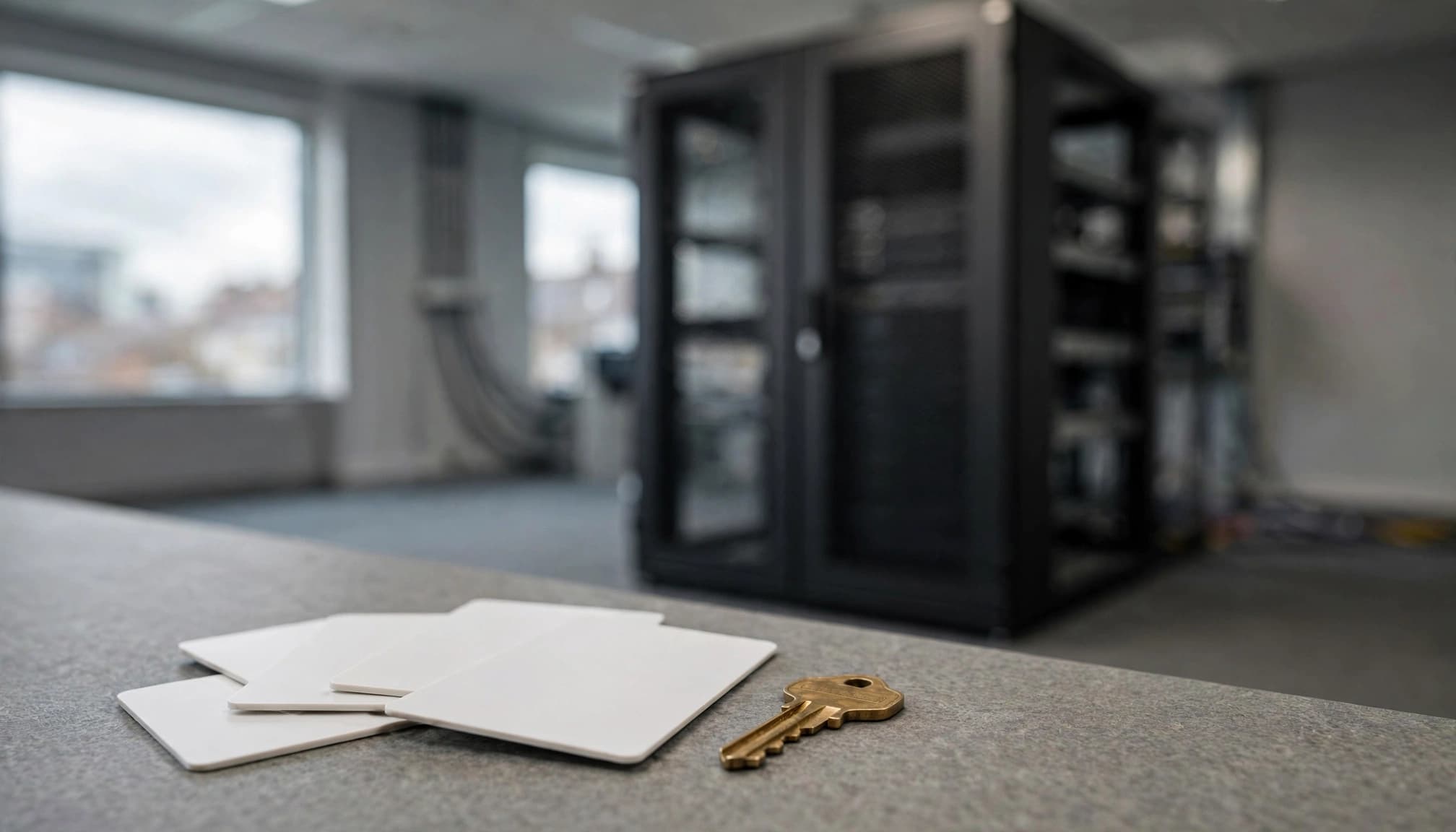 A stack of white access cards and a brass key resting on a gray counter in an office.