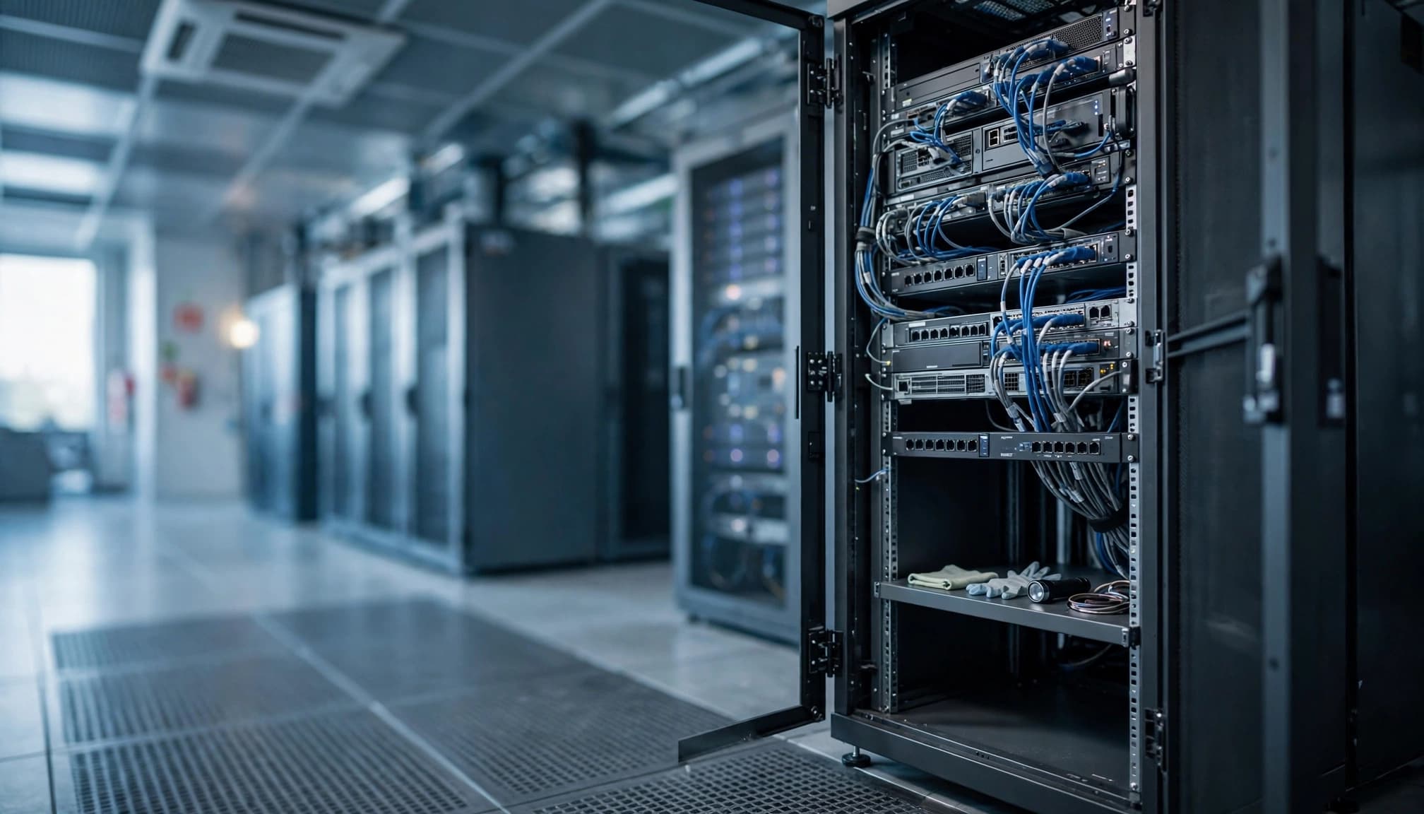 A modern server room with an open server rack in the foreground showing network equipment and cables.
