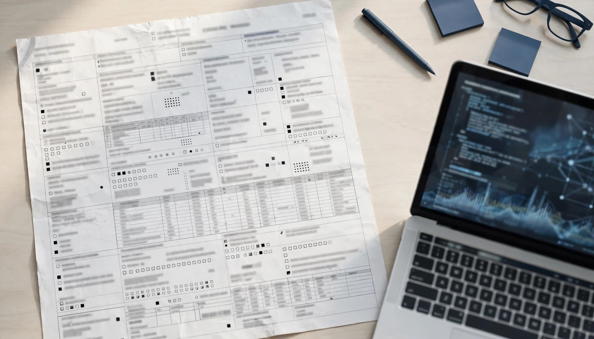 Overhead view of a document with blurred text and a laptop displaying abstract code.